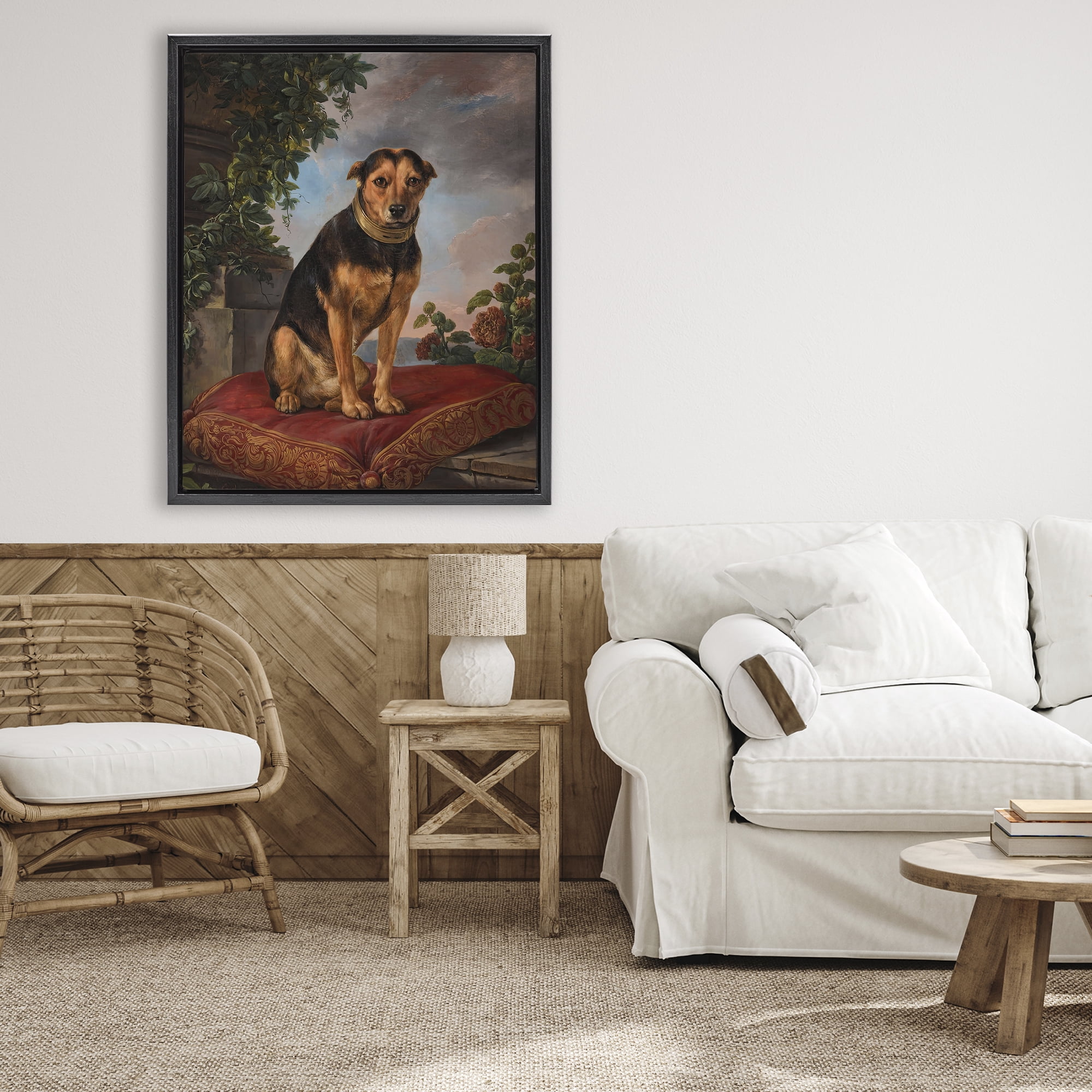 Stupell Industries Historical Dog on Cushion Black Framed Floater Canvas Wall Art, design by Lil' Rue