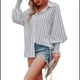 thumbnail image 3 of Camisas de Rayas con Botones para Mujer, Cuello Abullonado, Larga, Blusas Fruncidas Extragrandes con Bolsillo. Rayas Blancas 4XL, 3 of 10