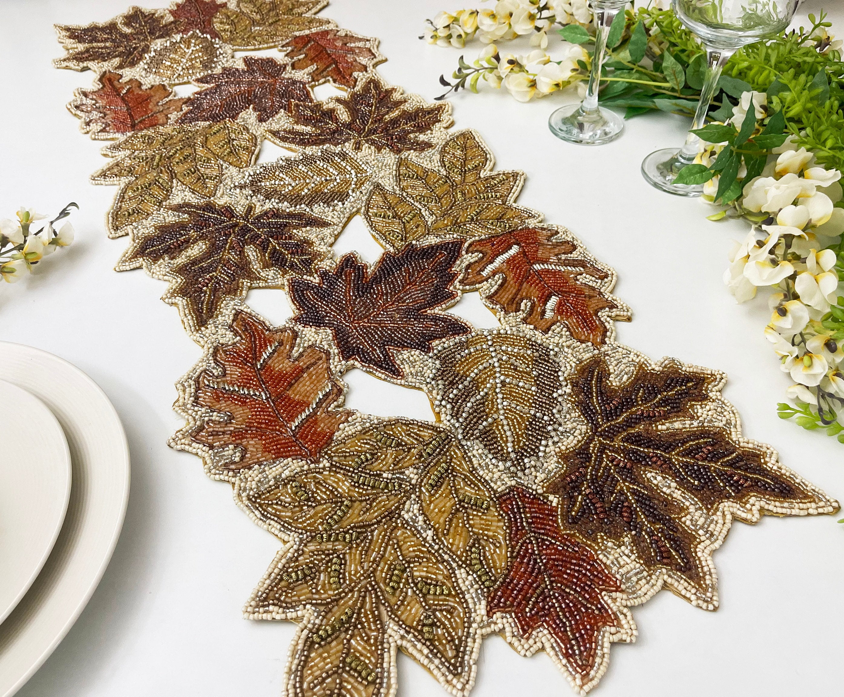 Christmas handmade table runner, red 2024 and green flower with parrot beaded table runner, Poinsettia runner, 13x36inch