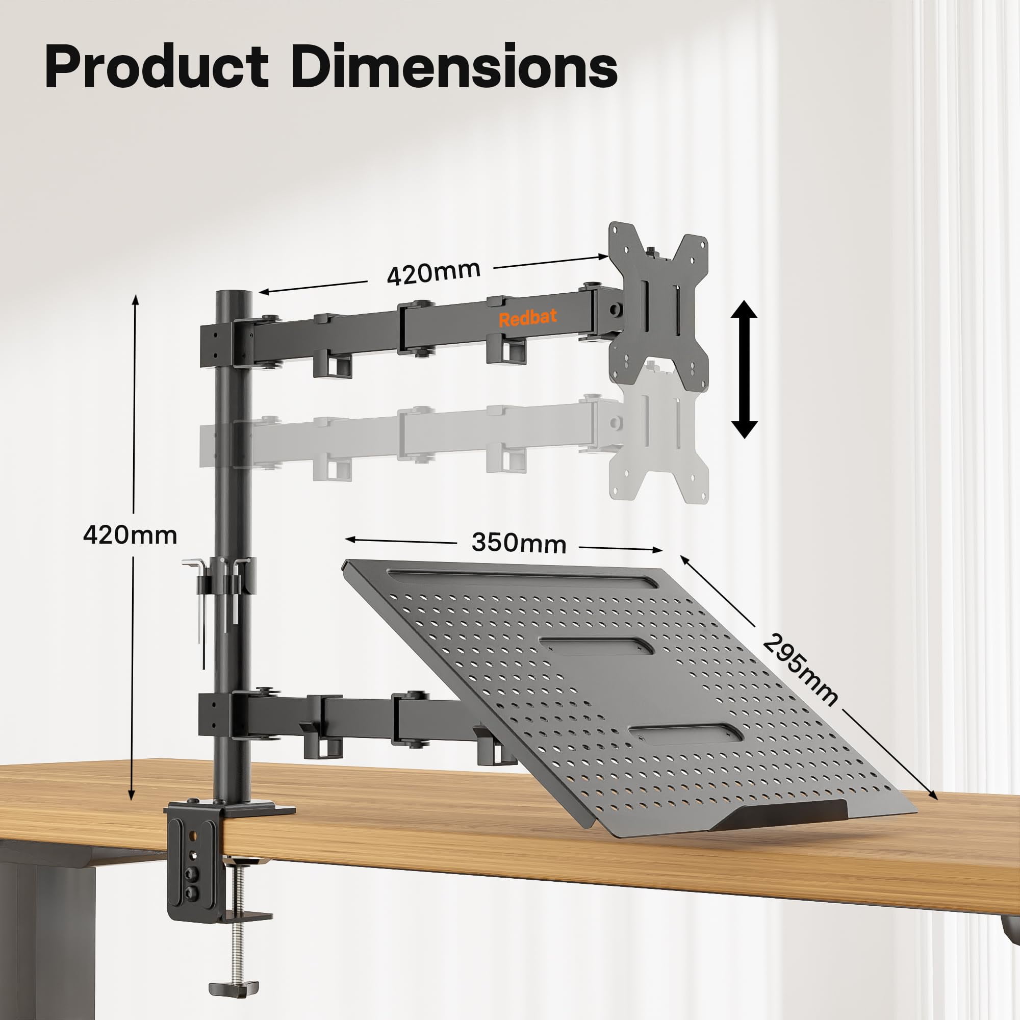 Redbat Monitor and Laptop Mount Stand, Fully Adjustable Monitor Arm with Vented Tray for 13" to 32" LCD Screens and Notebook up to 16", Holds up to 22lbs, VESA Compatible, Dual Mounting Options
