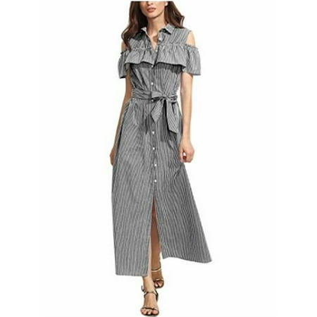 Ankle Length Dress - Fit and Flare Ankle Length Button Front Ruffles Dress