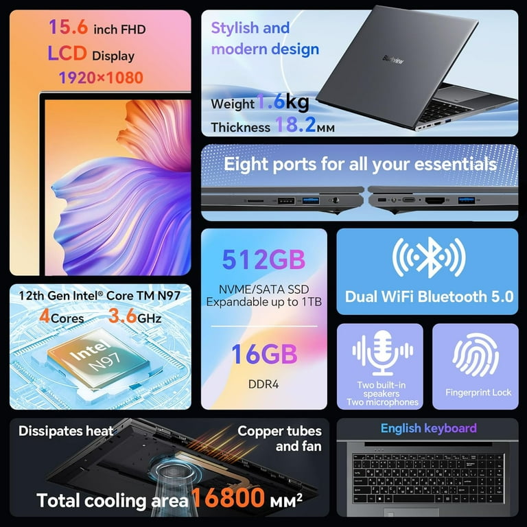 Blackview Acebook 8 Laptop, 15.6'', 16GB RAM, 512GB SSD, Intel N97