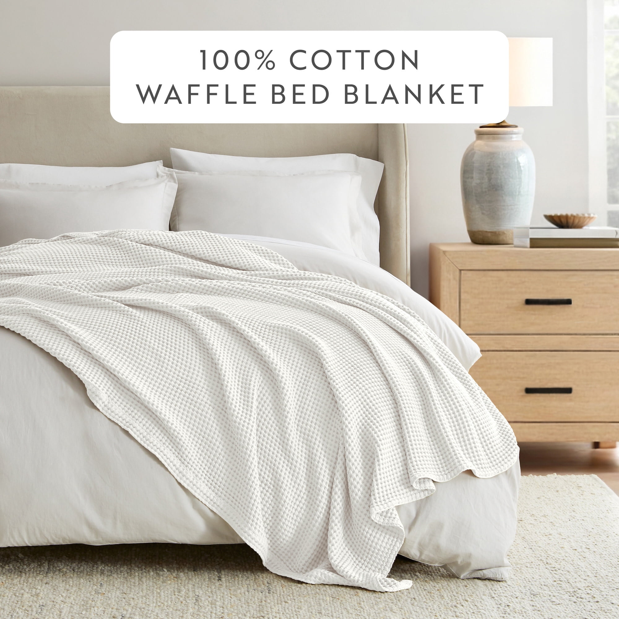 Noble Linens 100% Cotton Waffle Texture Bed Blanket, White, Full/Queen