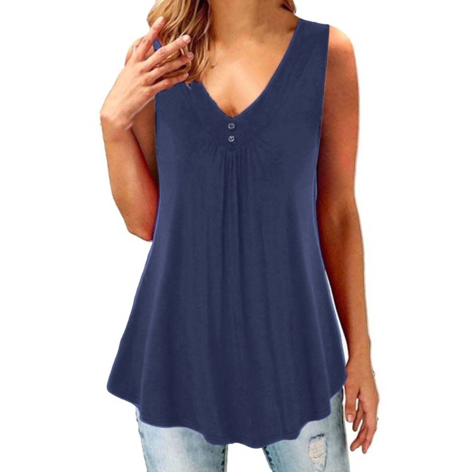 QLEICOM Summer Tank Tops for Women Loose Fit Pleated V Neck Sleeveless ...