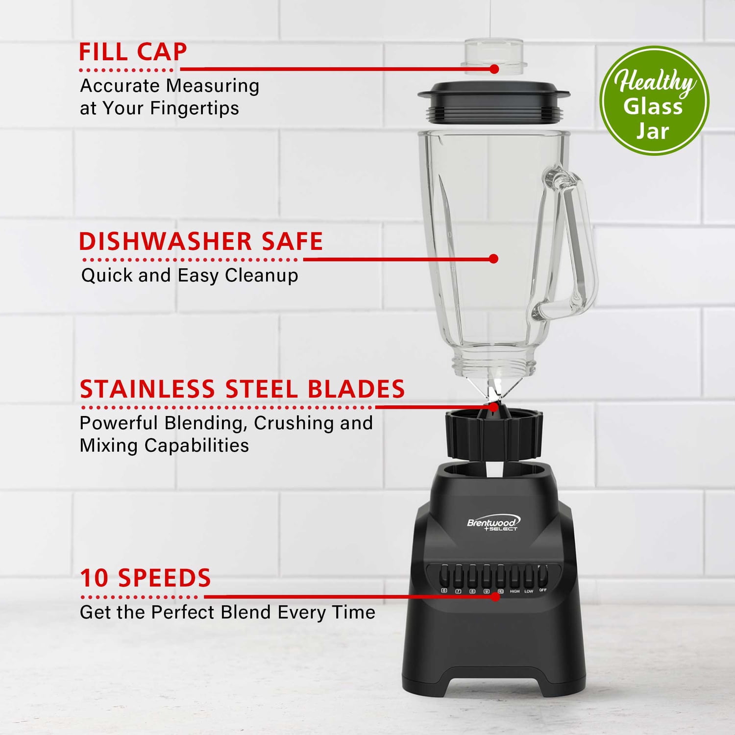 Brentwood Select 5.3-Cup 500-Watt 10-Speed Countertop Blender with Pulse Button, JBS-500BK