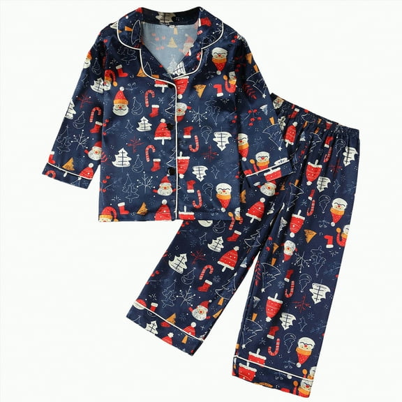CAUYDY Toddler Girl Boy Christmas Pajamas Santa Claus Button Down 2 Piece Pajama Set Little Kids Christmas Pjs Nightgown(Blue,5-6 Y)
