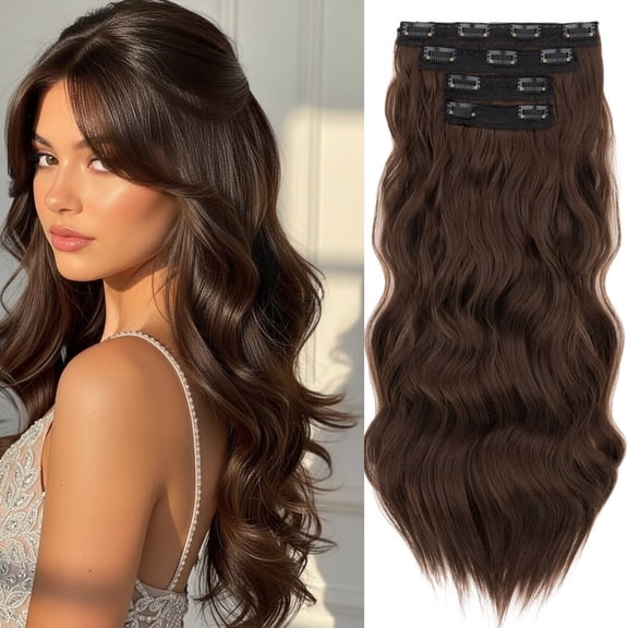 Benehair 24 Inch Wavy Synthetic Clip in Hair Extensions 4PCS 240g Thick Full Head Natural Look Heat Friendly Double Weft Hairpieces for Women Long Volume Hair Extensions with 11 Clips Damage Free