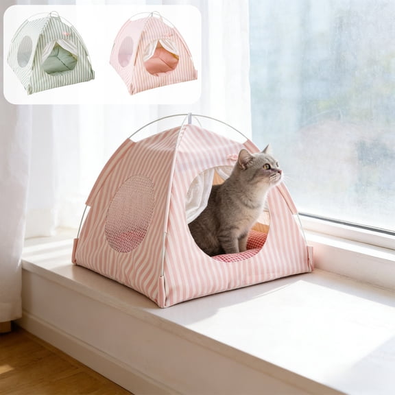 Semi-Enclosed Foldable Pet Tent Bed | -Proof Breathable Cat Dog Shelter | Portable Indoor Outdoor Summer Sleeping Area | Canvas & Cotton, 14.17"x14.17", Pink Green