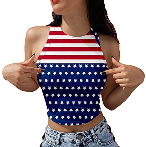 Womens America Flag USA Letter Print Crop Tops Summer Short Sleeve T-Shirt Fuladelt 