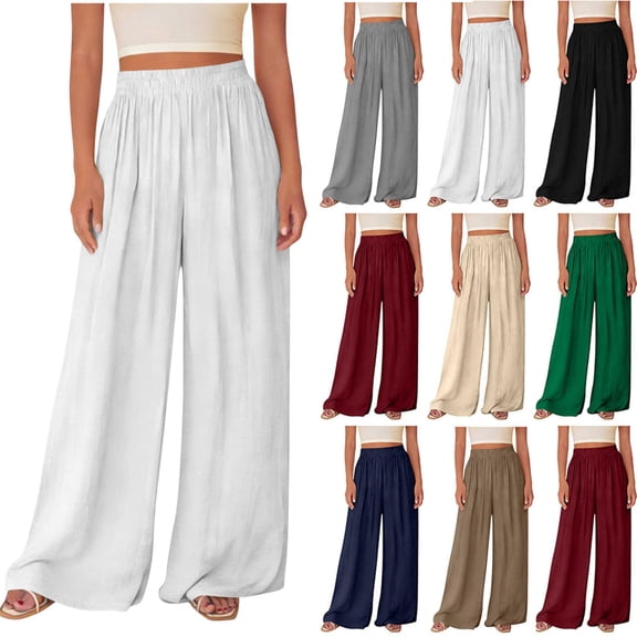 Oksale Palazzo Pants Women Tall Loose Wide Leg Pants with Pockets Stretch High Waisted Trousers for Going Out White S
