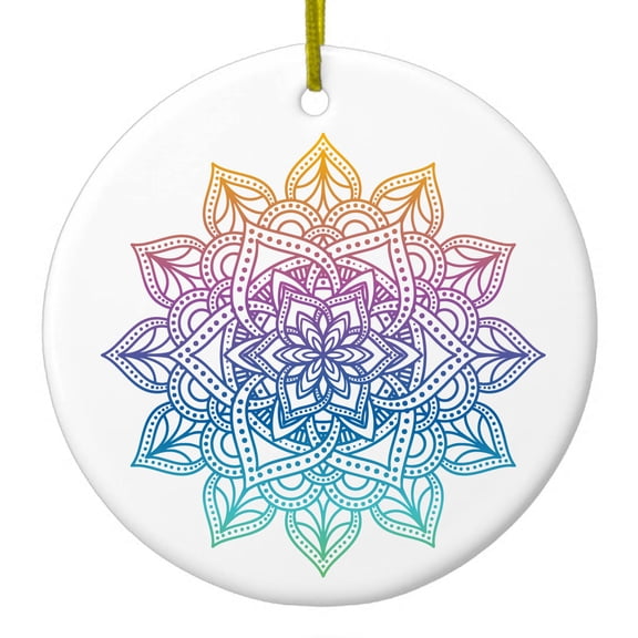 DistinctInk Hanging Ceramic Christmass Tree Ornament with Gold String - Great Gift / Present - 2 3/4 inch diameter - Rainbow Gradient Mandala