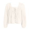 thumbnail image 3 of DuoJiaJ Tie Front Lace Tops For Women Trendy Ruffle Trim V Neck Chiffon Blouses Sheer Peplum Long Sleeve Button Shirts Women’s Summer Tops White S, 3 of 3