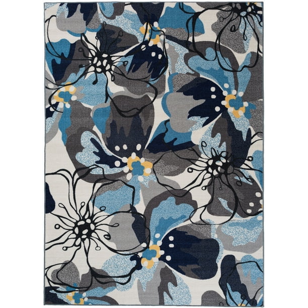 Contemporary Large Floral NonSlip (NonSkid) Gray 5'3" x 7'3" Indoor