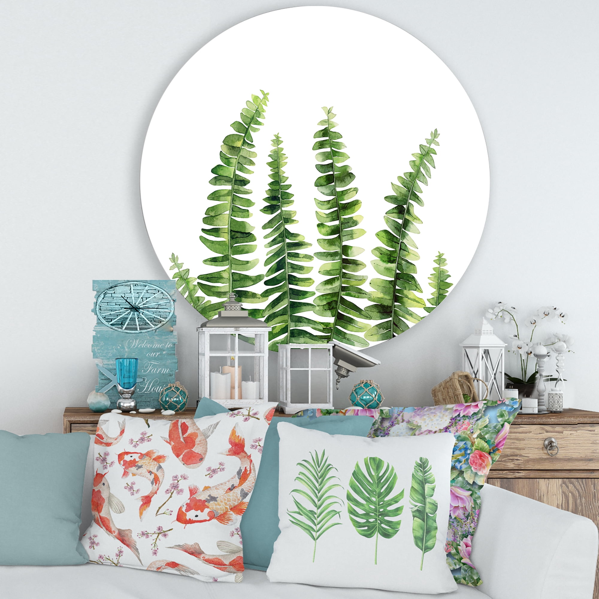 Designart 'Fern Plant Leaves Detail II' Farmhouse Circle Metal Wall Art 36x36 - Disc of 36
