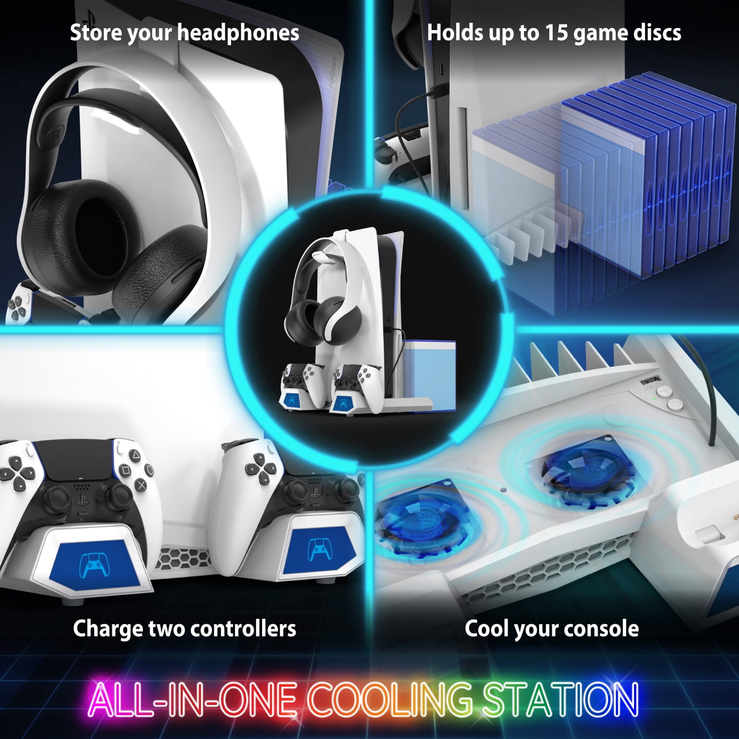 Fosmon PS5 Stand and Cooling Station with RGB LED Light, Dual Charging Station for DualSense/Edge Controller, 15 Game Slots, Headset Holder (Compatible with PlayStation 5 Slim Disc & Digital Version)