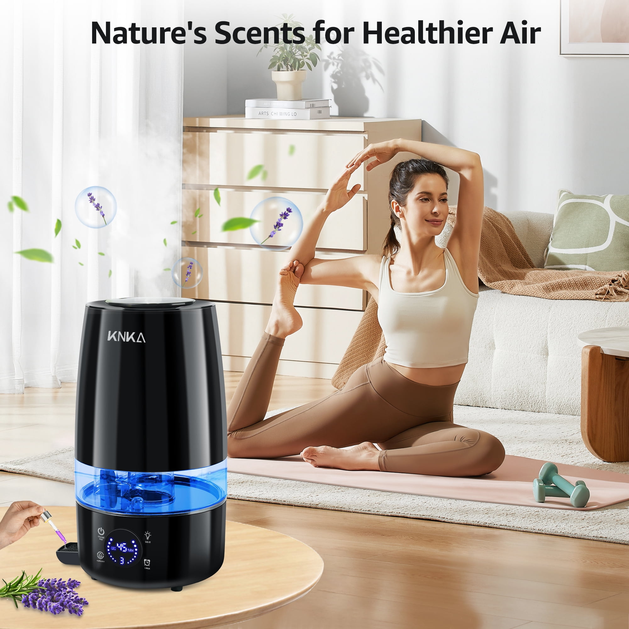 KNKA 4.5L Humidifier for Room - Quiet, Auto Humidity Control, Essential Oil Diffuser, 40H Runtime, Top Fill, Easy Clean, Anti-Leak