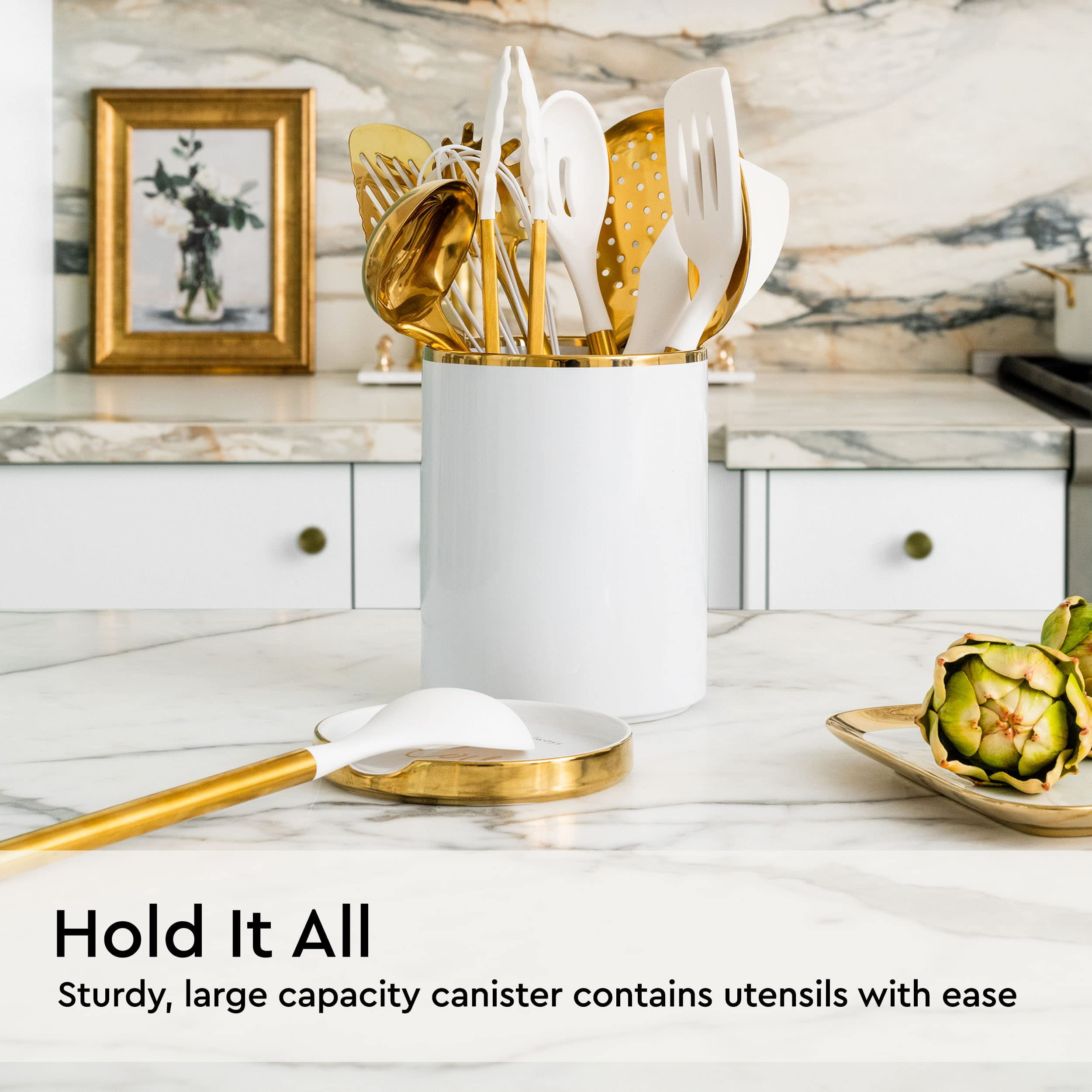 White Utensil Holder with Built-In Ceramic Spoon Rest - 2 PC Luxe White & Gold Utensil Holder for Countertop Includes Large Utensil Holder & White and Gold Spoon Rest - Utensils Not Included