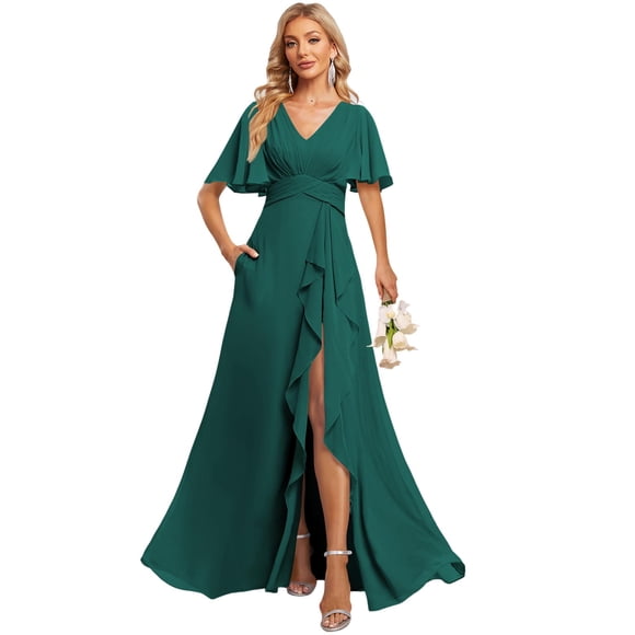Vestido de dama de honor deamify, cuello en V, gasa en A, otoño de 2025