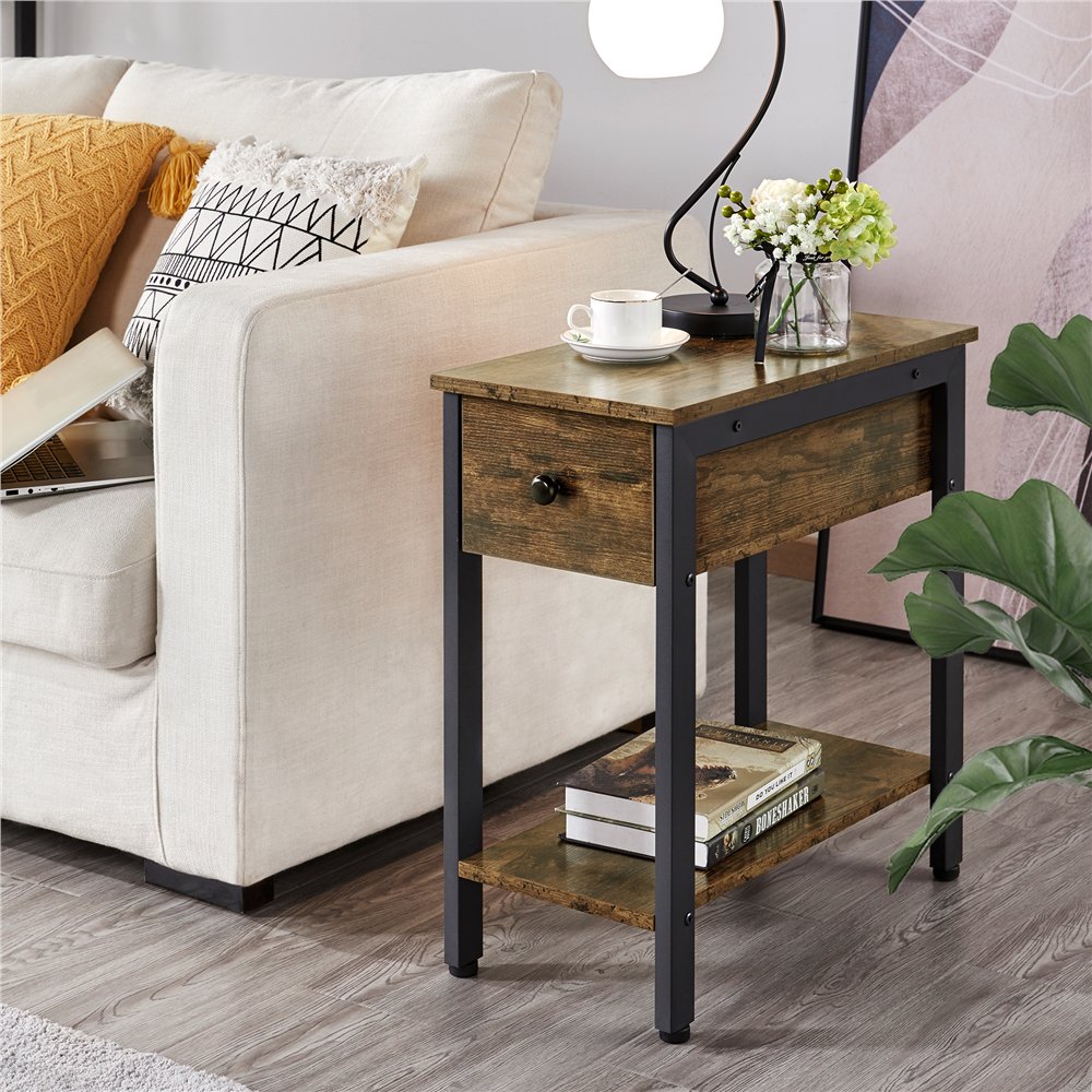 EasyFashion Industrial Narrow Wood and Metal End Table, Rustic Brown
