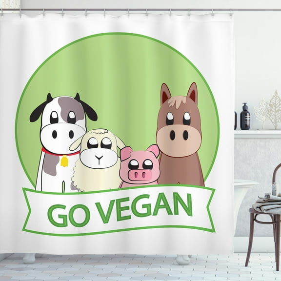Ambesonne Vegetarian Shower Curtain, Go Vegan Slogan Animals, 69"Wx75"L, Multicolor