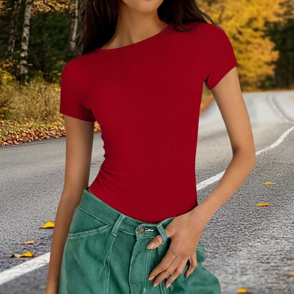 Casual Ribbed Knit Slim Fit Short Sleeve Tee for Women Solid Crew Neck Basic T-Shirt Daily Wear SummerRedM