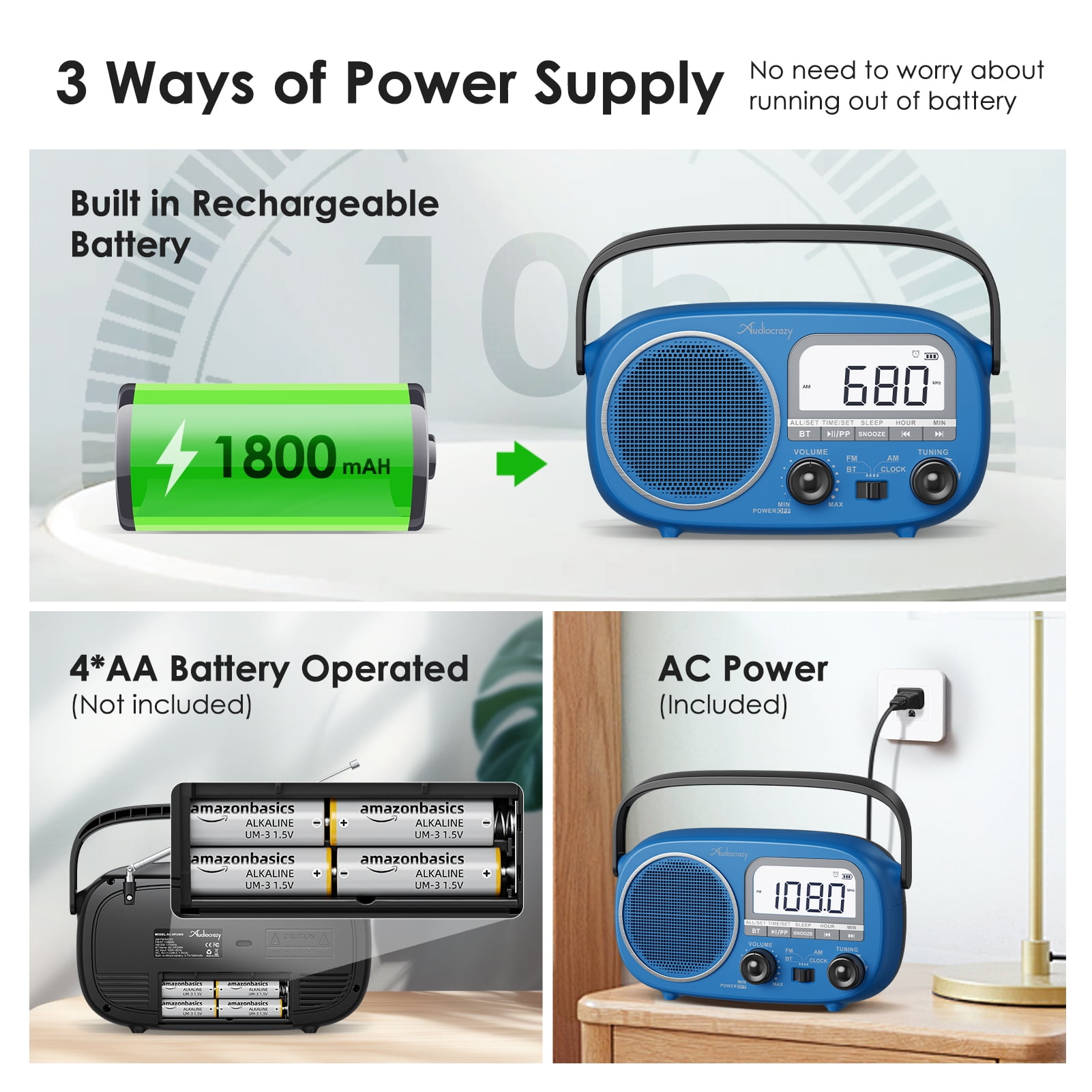 Portable AM FM Rechargeable Radio with Best Reception, Digital Time/Station Display,AC Power or Battery Power Radio with Bluetooth Speaker for Home/Kitchen/Outdoor Blue