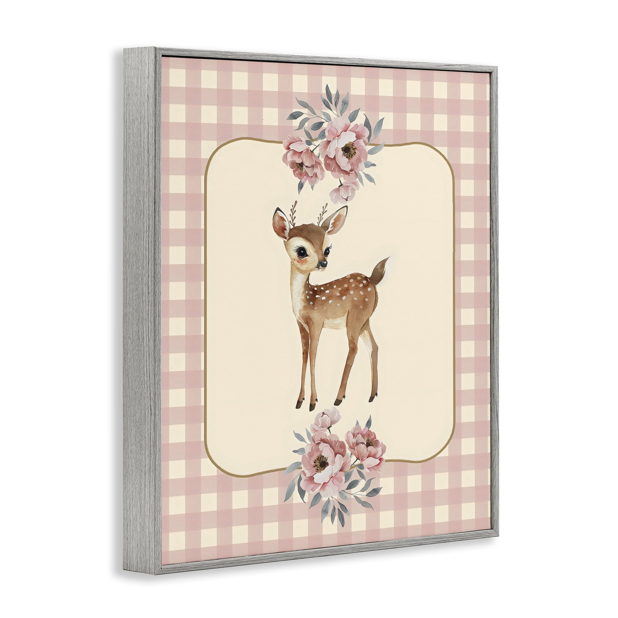 Stupell Industries Baby Deer Pink Gingham Gray Framed Giclee Art, design by LSR Design Studio