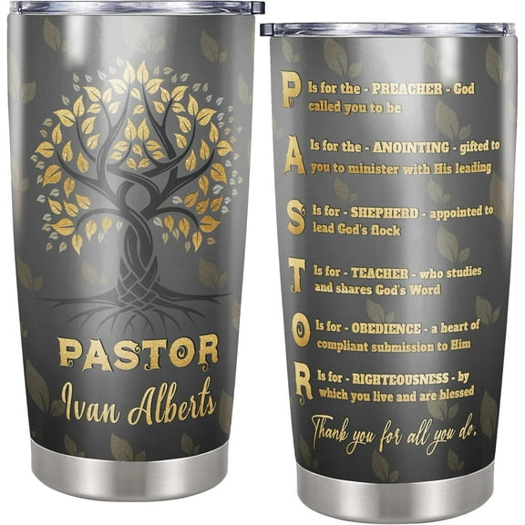 Pastor Gifts for Men Personalized Tumbler Custom Name Insulated Cup Travel Coffee Mug with Lid Stainless Steel 20 oz Religious Appreciation Gift for Pastors