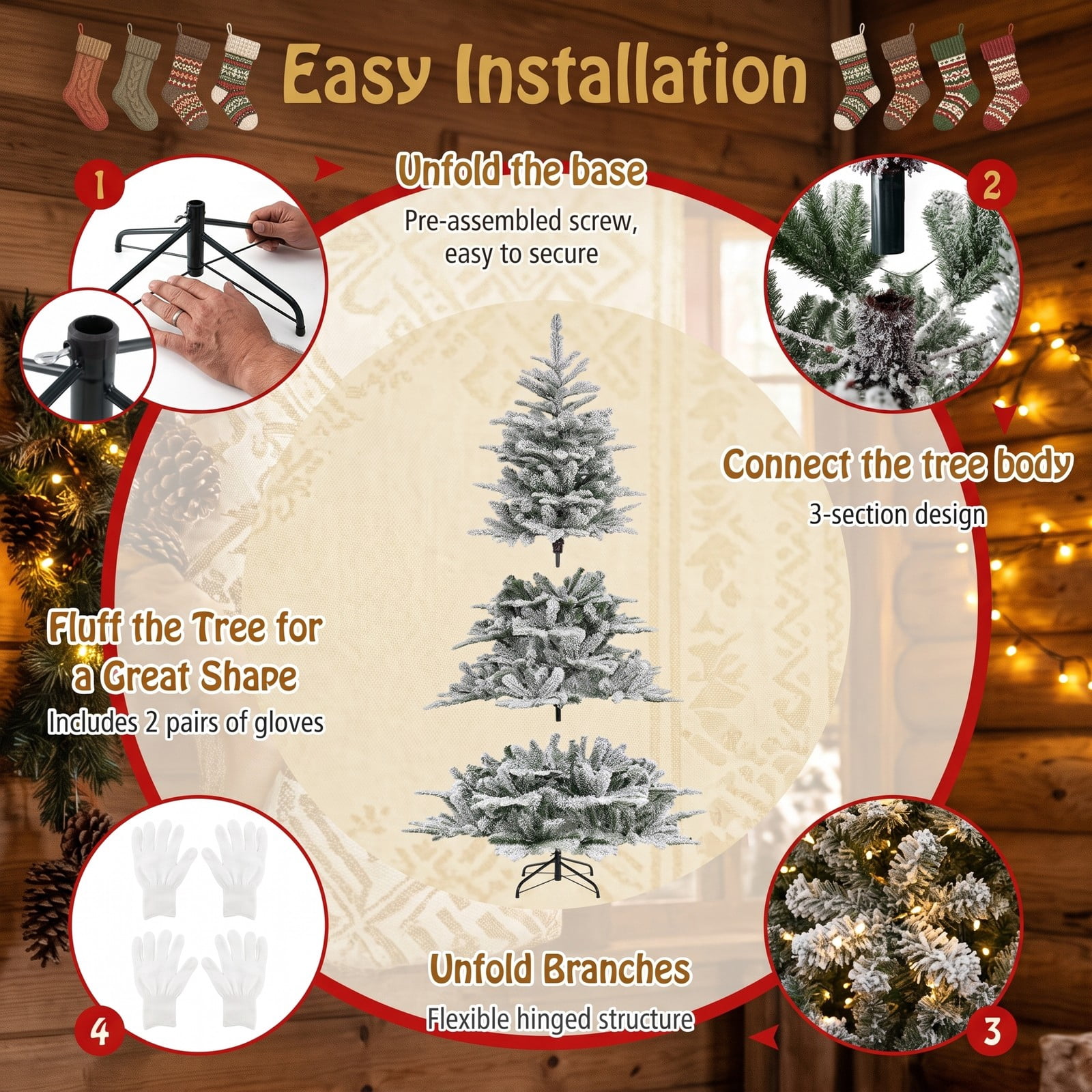 RUIE 6FT Snow Flocked Artificial Christmas Tree with 500 Cool White LED Lights, Remote Control, Timer & Hinged Branches, Pre-Lit Indoor Holiday Tree, Green & White