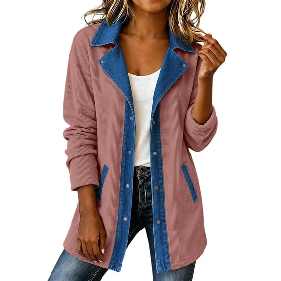 Women Denim Patchwork Jacket Long Sleeve Button Cardigan Jackets Denim Corduroy Patchwork Jackets for Women