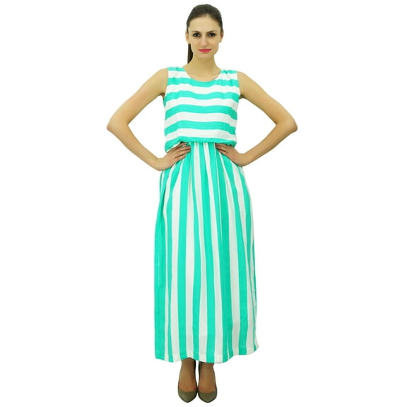 Bimba Women Long Sleeveless Maxi Dress Stripe Print Rayon Beach Holiday Dresses