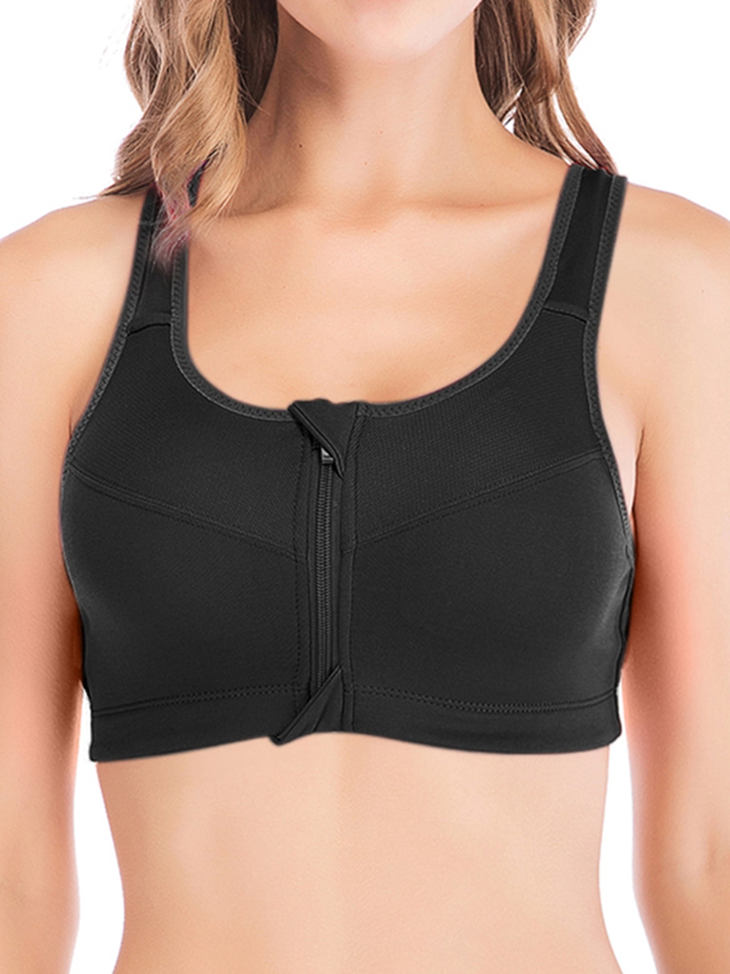 Women Front Zip Wireless Padded Cup Sports Bra High Impact Gym Active Tank Tops 