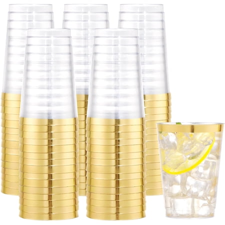 100PCS Gold Plastic Cups,10 oz Clear Plastic Cups with Gold Trim, Beer Mugs,Disposable Hard Cup For Party, Premium Cup Perfect for Wedding & Party