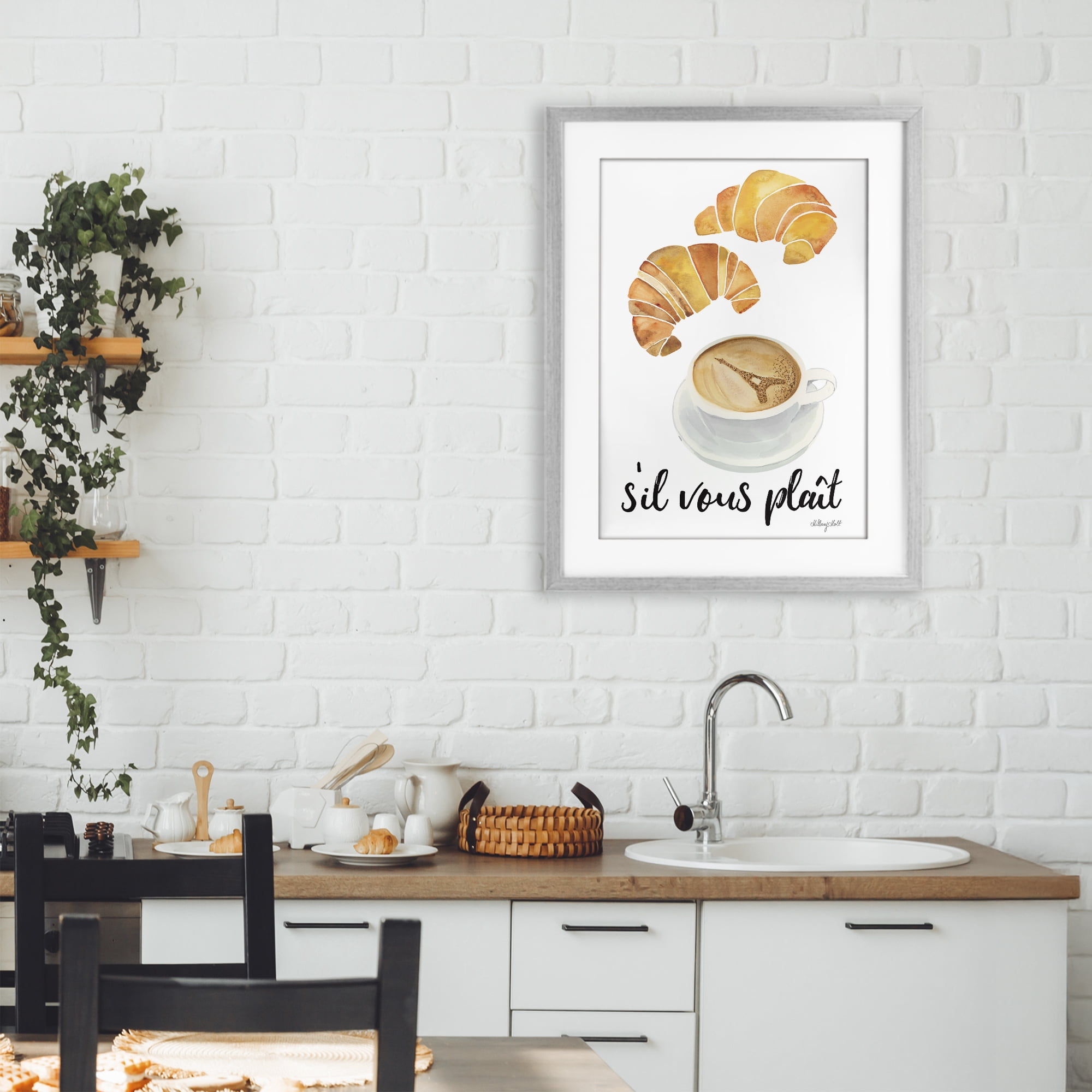 Stupell Industries Paris Croissant and Coffee Gray Framed Print Under Glass, design by Hillary Holt