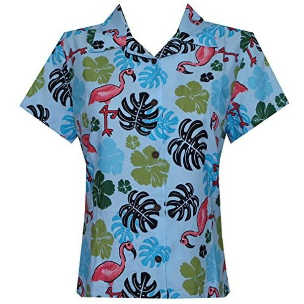 blue shirt with flamingos