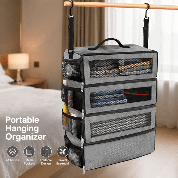 Portable Hanging Travel Organizer, 4 Shelves, Portable Foldable Hanging Clothes Storage Bag with Mesh Pockets, Collapsible Travel Luggage Shelf for Hotel, Camping, Business Trip