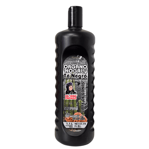 Del Indio Papago Organo, Nogal y Te Negro Shampoo 1.1 Lt. - Libre de Canas, Grey Hair Free, 100% Natural Coloring Agents