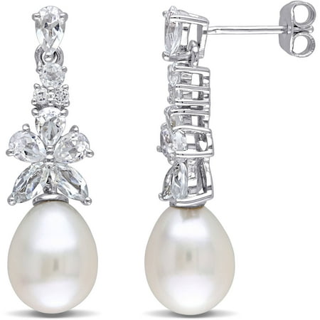 Miabella 8.5-9mm White Rice Cultured Freshwater Pearl with 2-1/2 T.G.W. White Topaz Sterling Silver Flower Drop Earrings