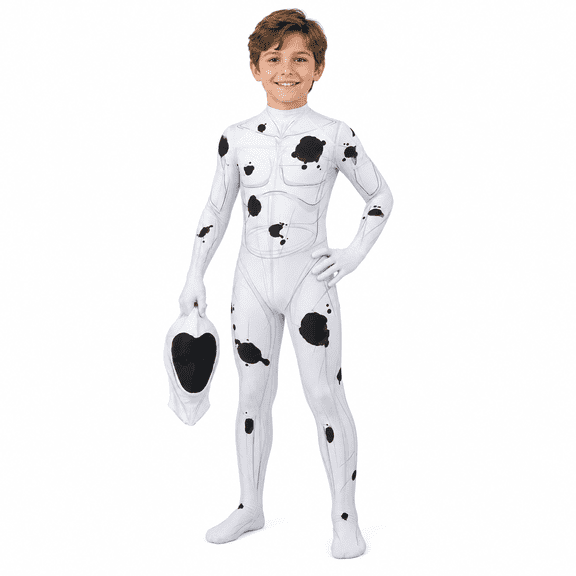 Spotted Villain Cosplay Bodysuit, White Full Body Zentai Suit with Black Spot Print, Comes with Mask Hood, Halloween Movie Character Costume, Party Dress Up and Role Play Outfit