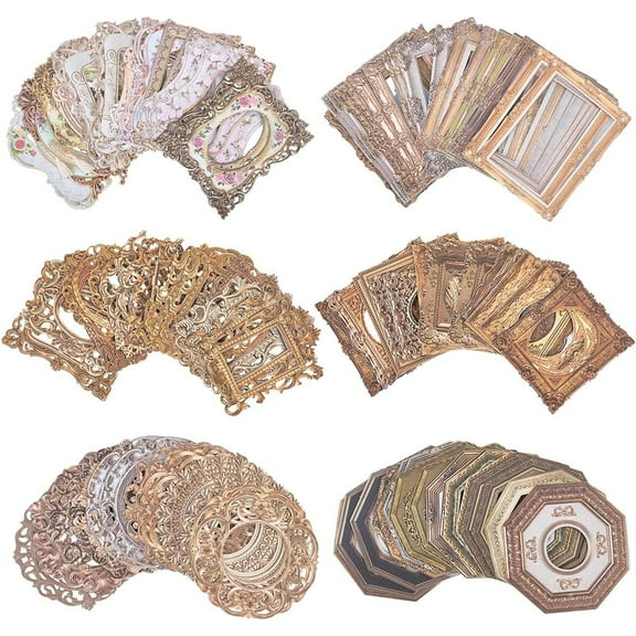 60Pcs 6 Styels Vintage Paper Frame Border Photo Picture Mirror Scrapbook Embellishments Window Cutouts Flower Lace Diary Decorative for Card Making DIY Journal Crafts Album Supplies