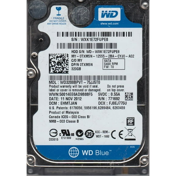 WD3200BPVT-75JJ5T0, DCM EHMTJAN, Western Digital 320GB SATA 2.5 Hard Drive