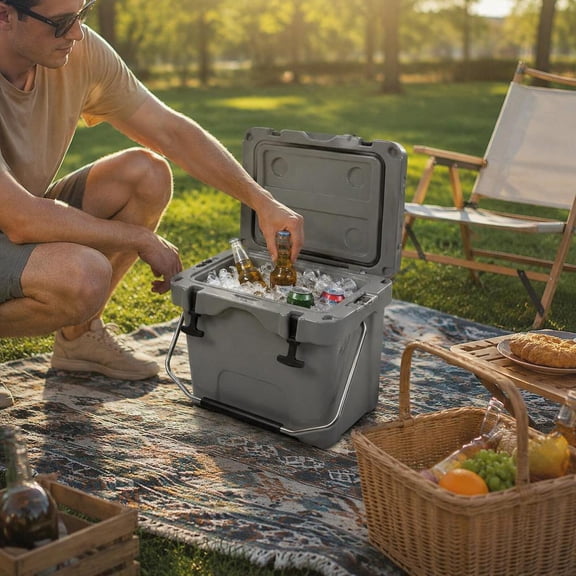 Insulated Ice Cooler, 16 Quart, 24-Can Capacity, Gray, Portable with 2 Built-In Cup Holders