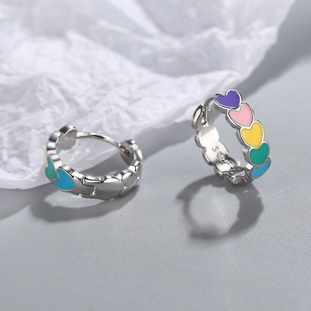 925 Sterling Silver Hoop Rainbow Earrings For Girls Love Heart Earrings for Kids Colorful Enamel Karrings 14K Gold Plated Hypoallergenic for Women