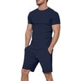 thumbnail image 3 of Mens Short Sets 2 Piece Outfits Summer Casual Soft Breathable Cotton Short Sleeve Shirts and Shorts Solid Color Men's Fashion Clothes Navy, Size XXXL, 3 of 7
