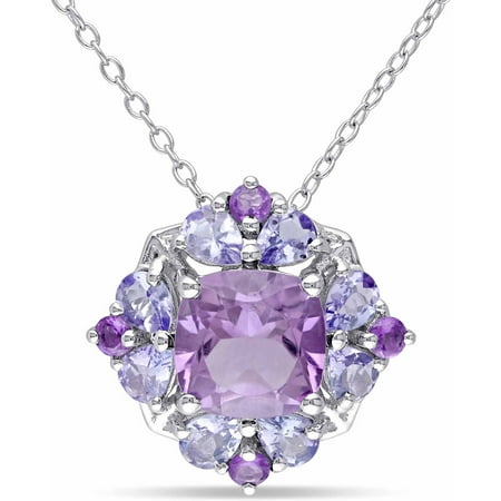 Tangelo 3 Carat T.G.W. Amethyst and Tanzanite Sterling Silver Halo Pendant, 18