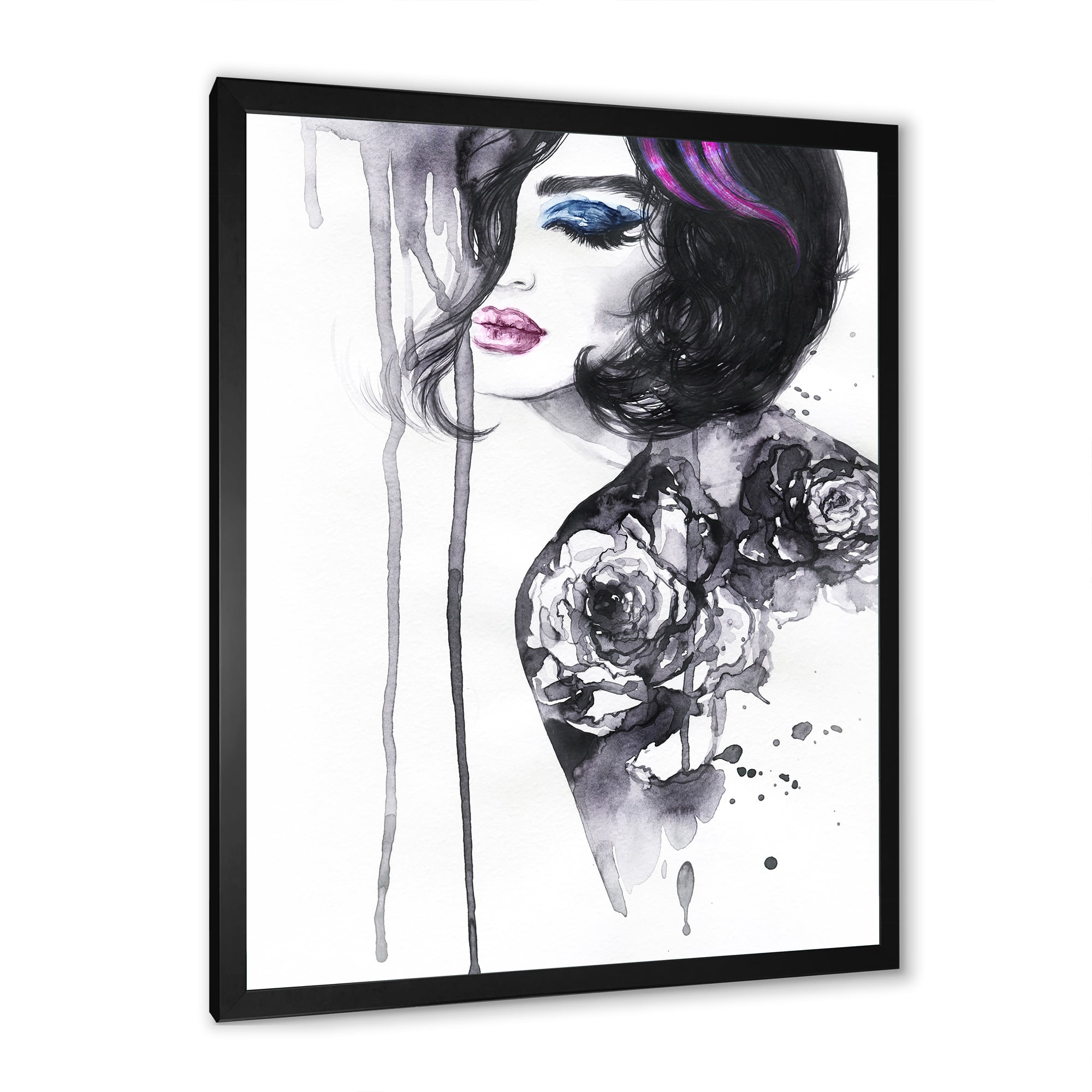 Designart 'Monochrome Female Portrait With Colorful Makeup' Modern Framed Art Print