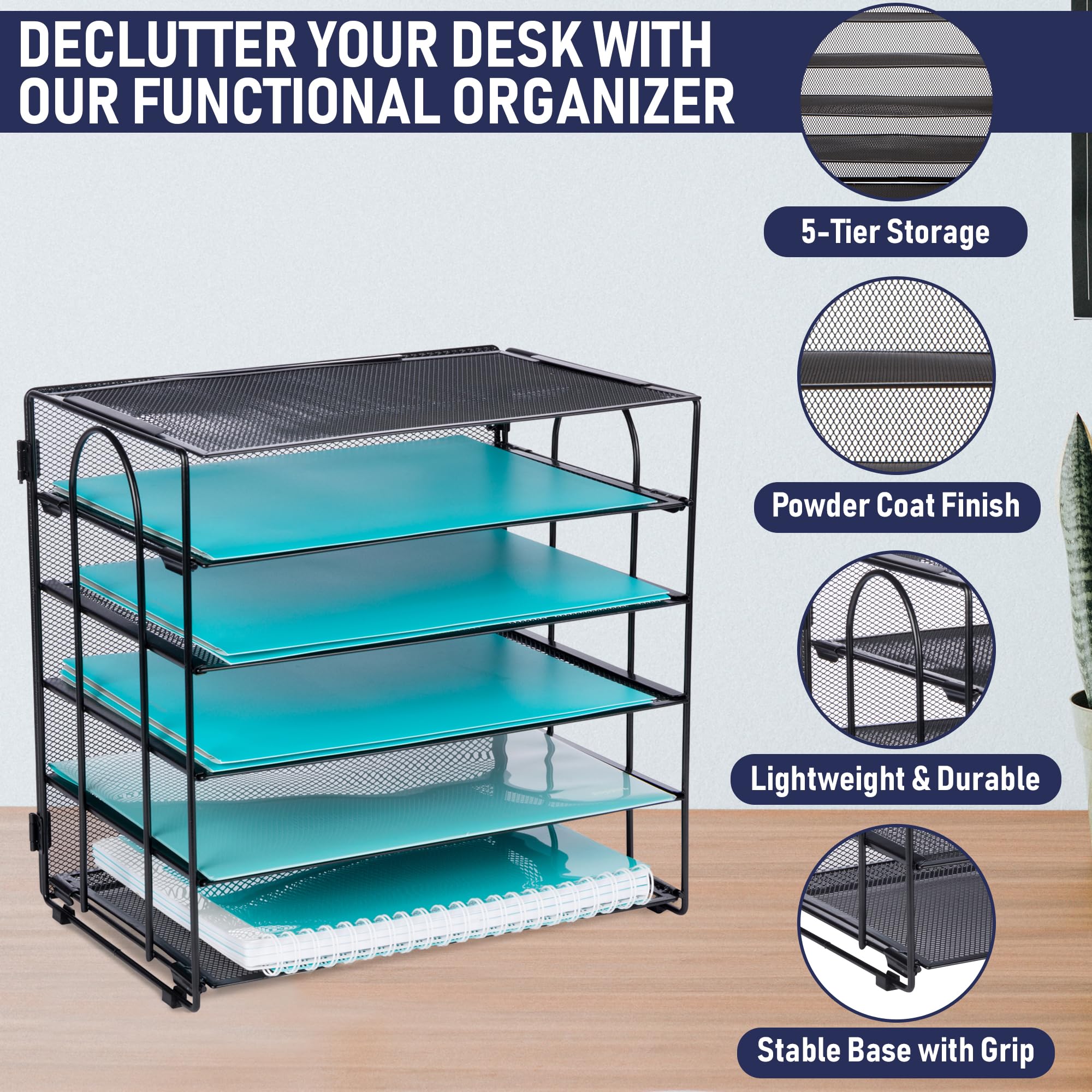 Desk Organizer Tray, Letter Tray in Black Metal Mesh for Organizing Files, Papers, Bills, Folders, Letters, and Binders. Desktop Paper Rack for Home, Office, or School (5 Tier - New)