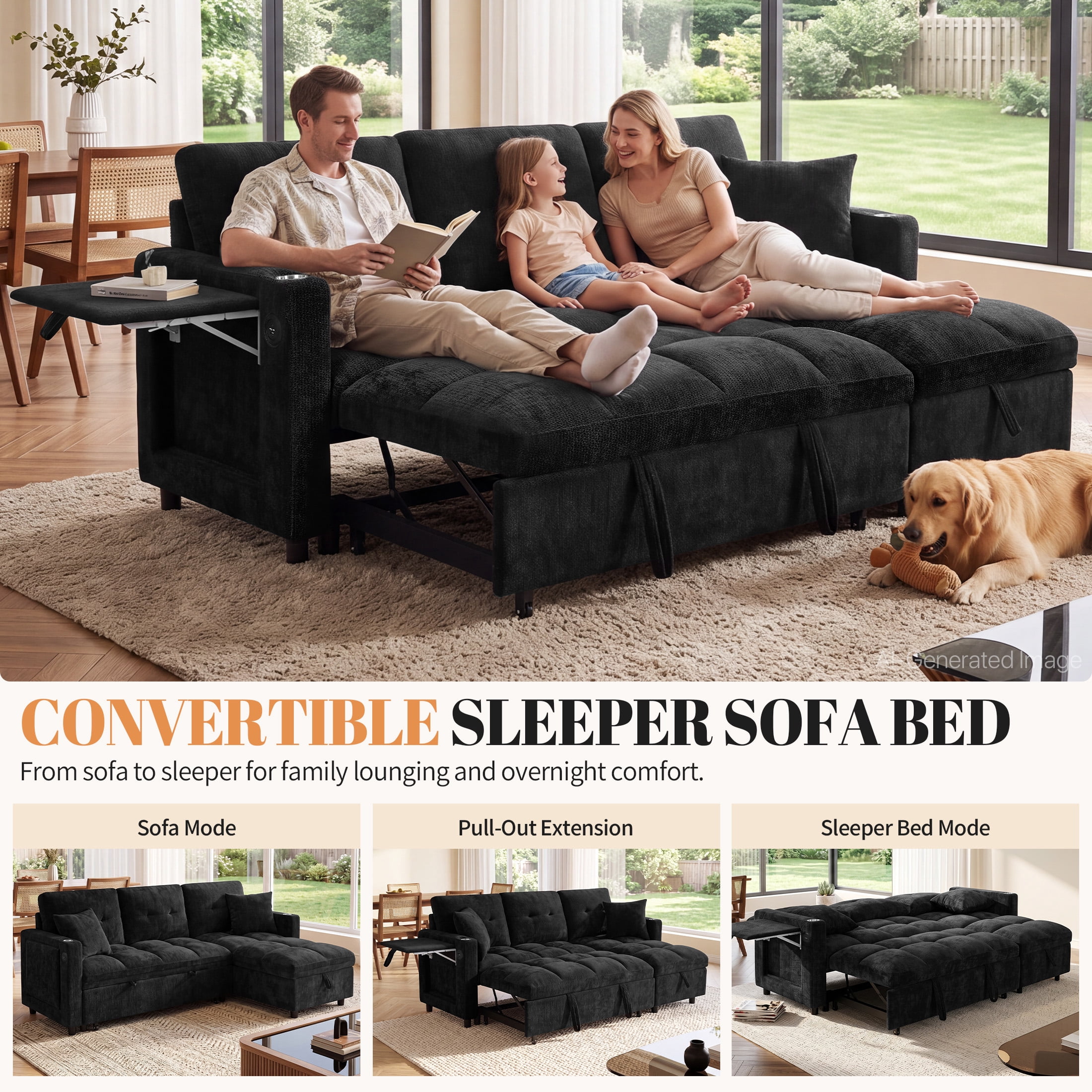 Aukfa 81" L Shape Sleeper Sectional Sofa Bed, Chenille Convertible Couch with Storage Chaise, Side Table & USB/Type-C Ports,Black