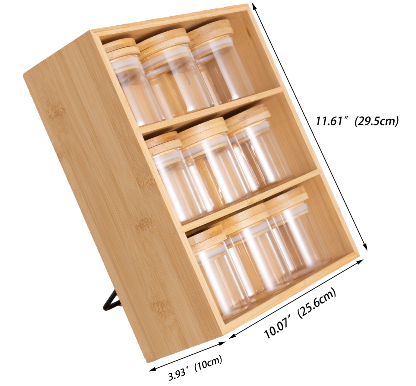 Better Homes & Gardens, Bamboo Holder with 9 Bamboo Swivel Lid Glass Spice Jars, 10 x 11.6 x 3.9 in