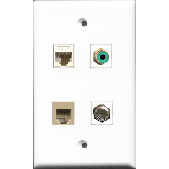 RiteAV 1 Port RCA Green and 1 Port Coax Cable TV- F-Type and 1 Port Phone RJ11 RJ12 Beige and 1 Port Cat6 Ethernet White Wall Plate